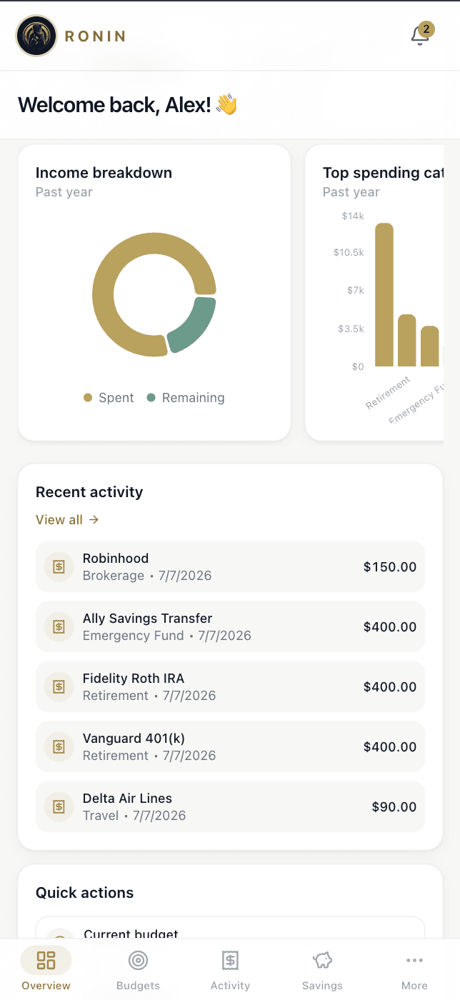 The Ronin dashboard on mobile with the bottom tab bar.
