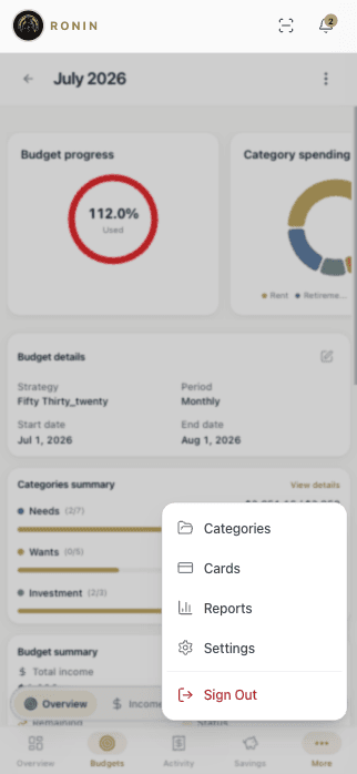 A Ronin push notification: dining out is at 90% of its budget.