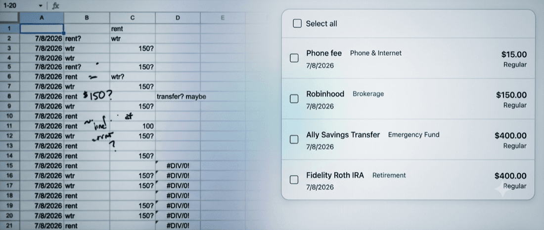 A cluttered budgeting spreadsheet transformed into a clean Ronin transactions screen.